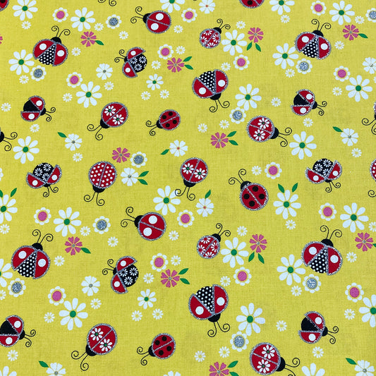 Glittery Ladybugs & Flowers on Yellow Fabric