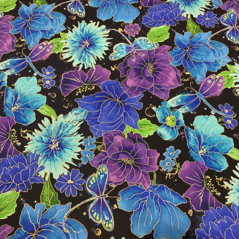 Dragonfly Floral on Black Home Sew
